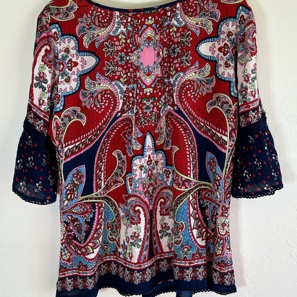 Bila Boho Navy & Pink/Red Paisley Print Blouse with Cut Out Shoulders Sz Lg - Picture 10 of 13